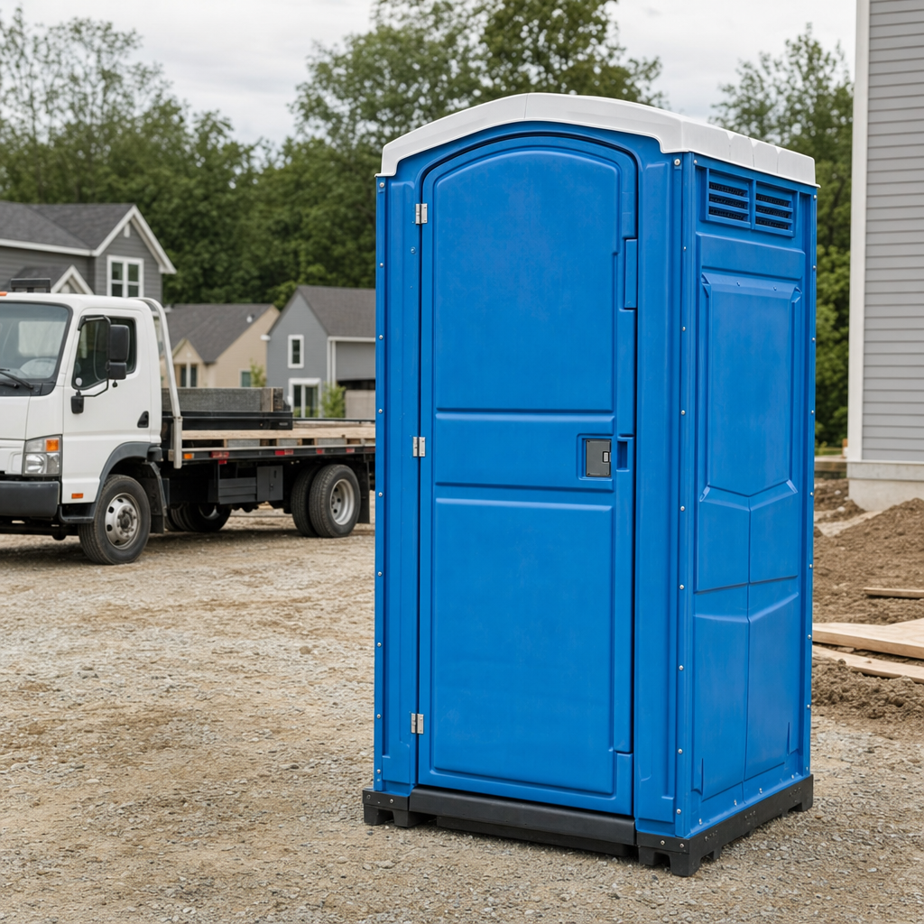 Delivery driver positioning a clean royal-blue portable toilet on level ground at a Riverside worksite