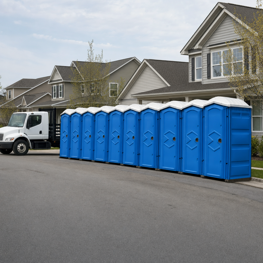 Royal blue portable toilets staged in a tidy row at a Riverside jobsite, ready for delivery